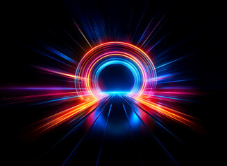 Vibrant, concentric neon rings radiate light and energy, creating a dynamic, futuristic portal effect on a dark background.  A glowing pathway leads towards the center.