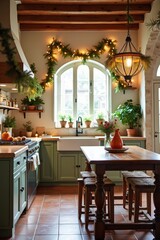 An enchanting kitchen decorated for Christmas with colorful garlands hanging from the cabinets, twinkling lights strung around the window, and a festive centerpiece on the table.