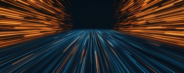 Obraz premium A dynamic visual of streaks of orange and blue light, creating a sense of speed and movement against a dark background.