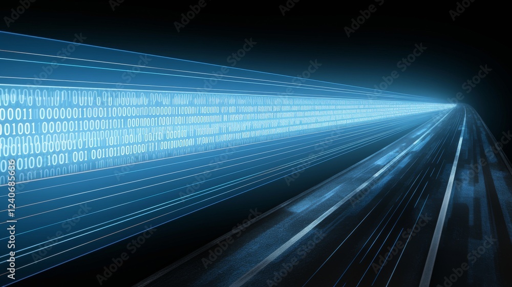 Poster digital data flow on the road symbolizing cyber global communication and coding, visualized with gra