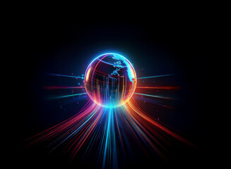 Obraz premium A glowing orb, resembling Earth, pulses with vibrant blue and red energy streams, radiating outwards into the inky blackness. The effect is futuristic and dynamic.