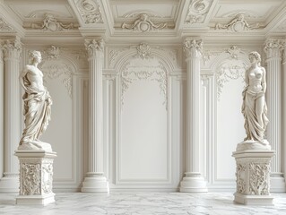 Obraz premium A spacious gallery with a prominent large white frame and two classical sculptures, displayed on a plain background, conveying an elegant presentation idea