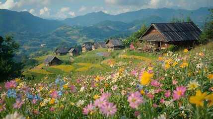 Fototapeta premium Mountain village, flower fields, terraced farms, Asia, idyllic scene, travel poster