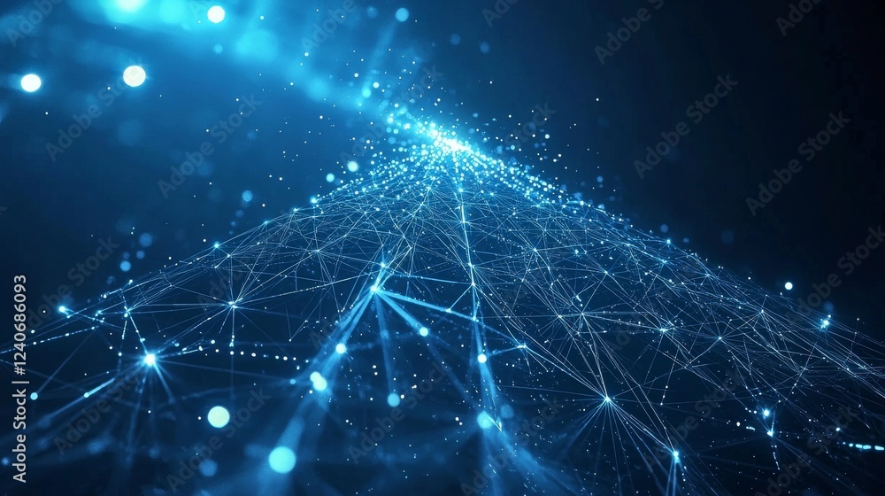 Poster the image of the christmas tree shows blue neural connection dots and was created by stock