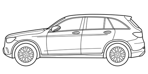 Classic luxury suv car. Crossover car front view shot. Outline doodle vector illustration. Design for print, coloring book