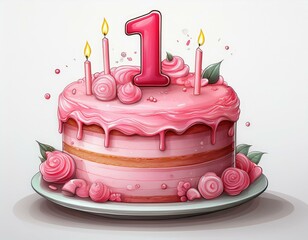 Illustration of decorated pink cake for birthday or anniversary party. Candle number 1, first birthday celebration