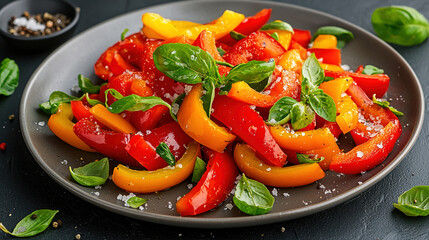 Raw bell pepper slices with a sprinkle of sea salt, served on a clean plate with soft natural light in food photography

