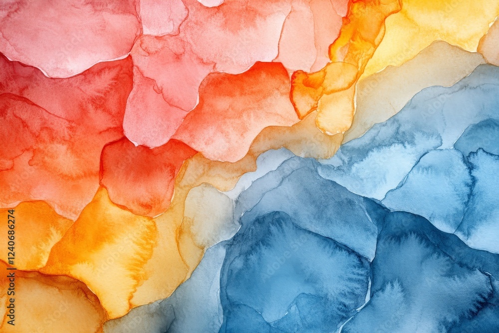Poster vibrant abstract watercolor composition featuring warm and cool hues blending seamlessly to create a