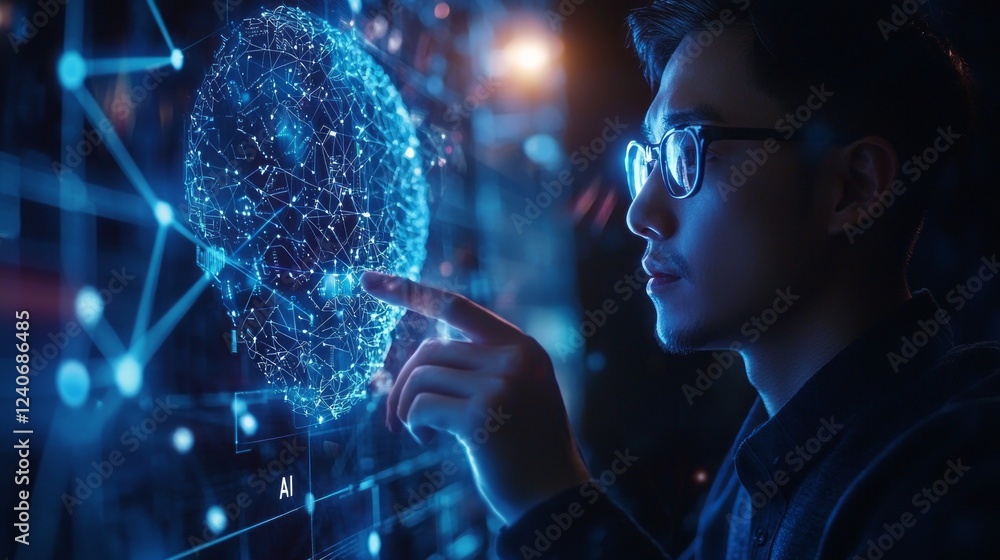 Poster a focused individual interacts with a holographic representation of a brain, symbolizing advancement