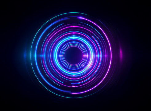 Glowing concentric circles of vibrant purple and blue neon light pulse against a black background, creating a mesmerizing futuristic effect.  The light appears to radiate outward, creating a sense of 