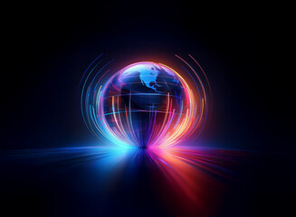 A glowing orb, resembling Earth, is encircled by vibrant, swirling energy streaks.  The scene evokes feelings of global connectivity and technological advancement.
