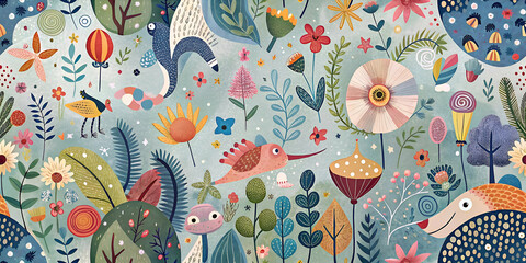 Naklejka premium Whimsical Floral Pattern with Colorful Flowers and Fantasy Garden Illustration