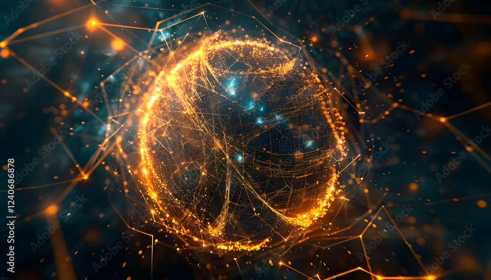 Poster abstract visualization of a glowing sphere surrounded by interconnected lines and nodes, symbolizing