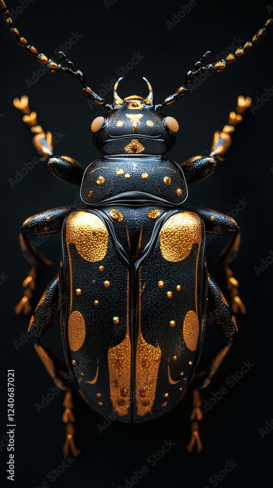Poster hyperrealistic 3d render of striking black beetle with intricately detailed gold contours in relief 