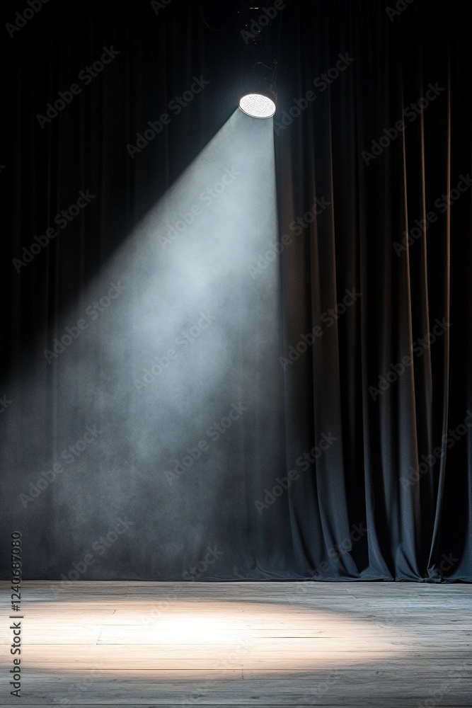 Poster an empty stage is dramatically lit by a single bright spotlight, casting soft shadows on the wooden 