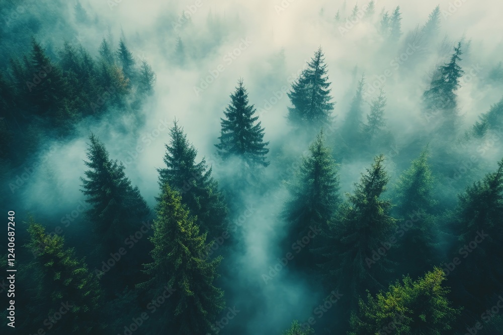 Poster Lush evergreen forest enveloped in morning mist creating a serene and tranquil atmosphere