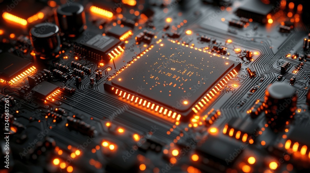 Poster an intricate technological scene that mirrors a circuit board with detailed designs and luminous ora