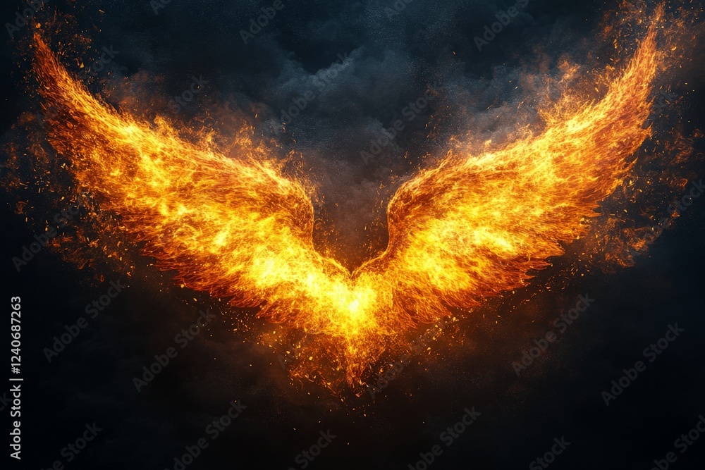 Poster fiery wings emerge from dark clouds, representing transformation and rebirth in a dramatic visual di