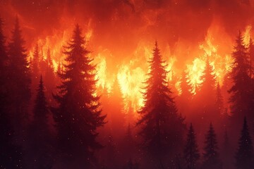 Wildfire engulfing a dense forest at dusk creating a dramatic and hazardous environment