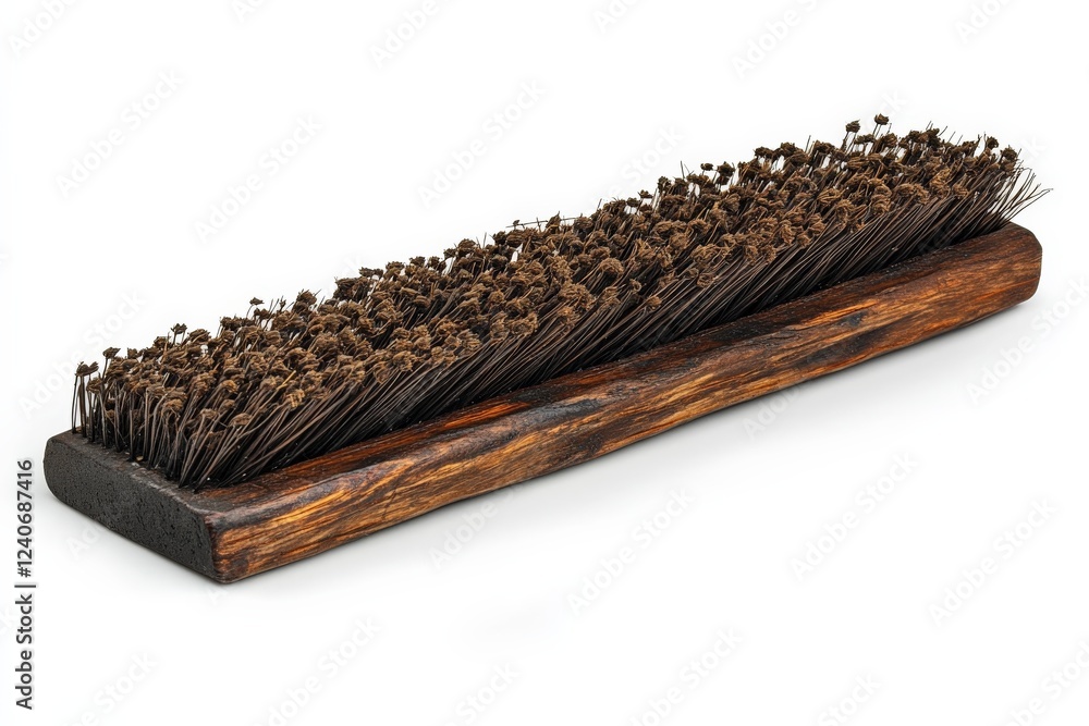 Poster unique wooden brush with dense bristles used for various cleaning tasks in a workshop setting