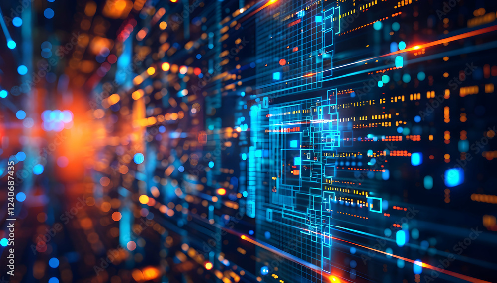 Poster abstract digital background showcasing vibrant data flow and circuitry in a futuristic setting