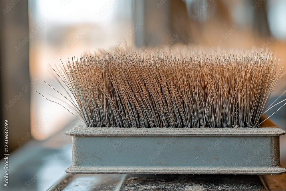 Poster Brush resting on a surface with fine bristles in a rustic workshop during daylight hours