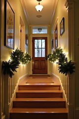 A charming hallway decorated for Christmas with a beautiful garland draped along the railing, twinkling lights adorning the walls, and festive artwork hanging.