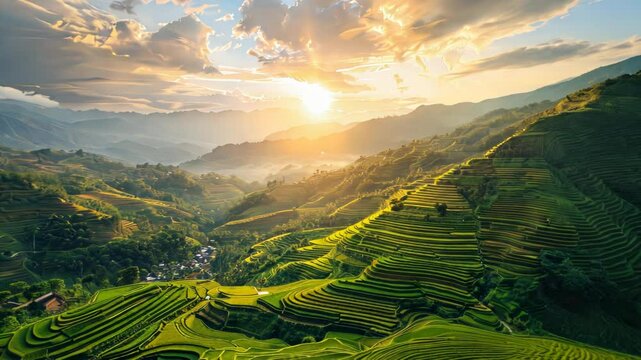 Tranquil Banaue terraces lit by sunrise, showcasing the lush patterns from a high vantage point