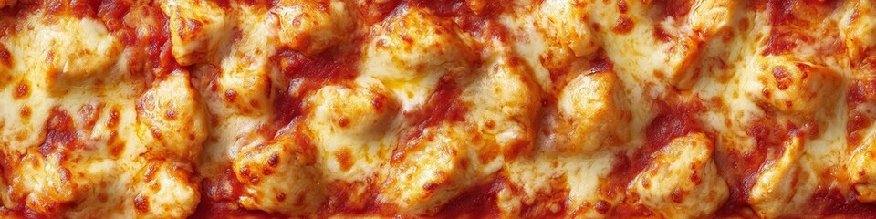 Close Up of Chicken Pizza Topped with Melted Cheese and Tomato Sauce In a Collage Style