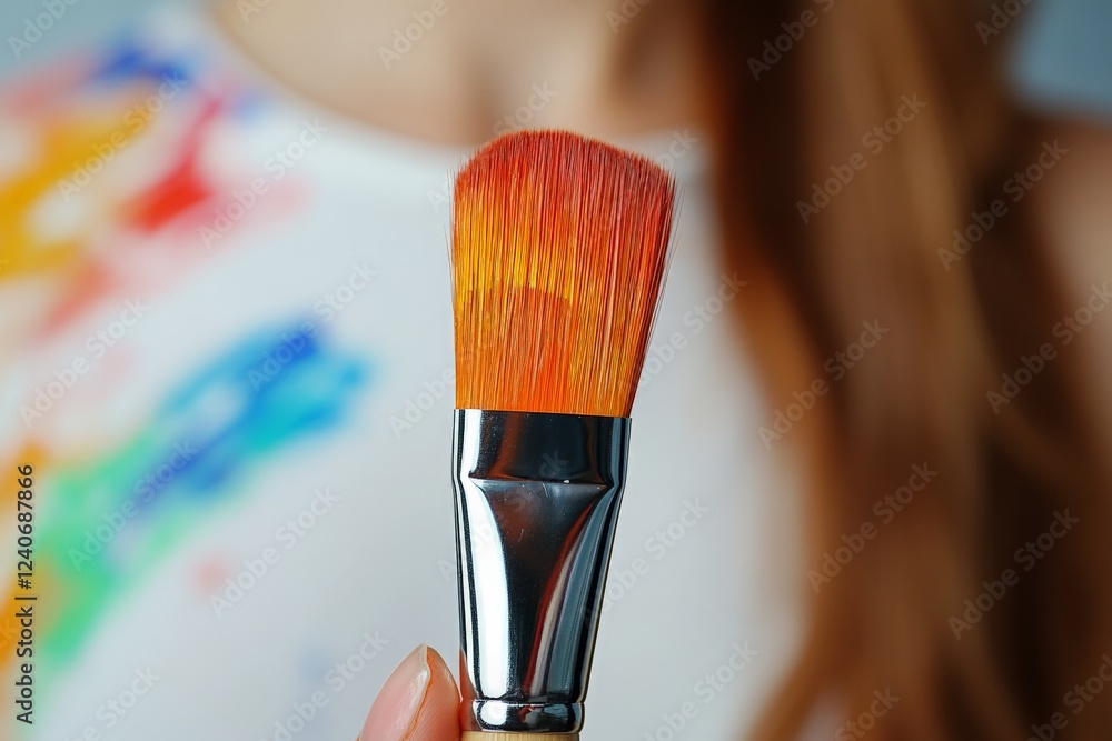 Poster vibrant paintbrush held by an artist while creating a colorful masterpiece in a bright studio