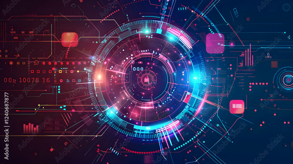 Poster abstract digital technology background featuring vibrant circular patterns and data visuals