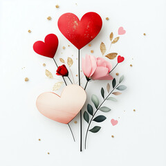 Bouquet of flowers with a heart in the center. Minimalistic background.
