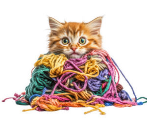 playful kitten tangled in colorful yarn, showcasing its curious expression and vibrant surroundings. This adorable scene captures essence of feline mischief and joy