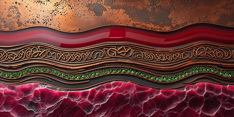 Ornate Layered Abstract Art with Celtic Knotwork Emerald Jewels and Red Crystals
