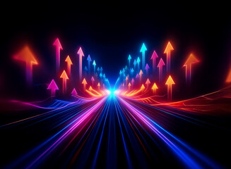 Vibrant, glowing arrows ascend a luminous highway stretching into a dark, abstract horizon, symbolizing progress and upward trajectory.