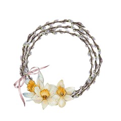 A delicate watercolor wreath featuring intertwined willow branches adorned with yellow daffodils and a soft pink ribbon. Perfect for spring-themed designs, invitations, and decorations.