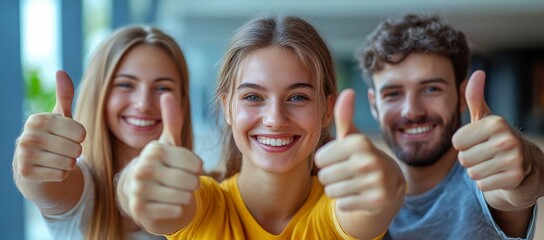 A group of happy and satisfied male and female customers sharing positive feedback. Five cheerful and joyful young people giving thumbs up together. Close-up of their hands. Illustrating
