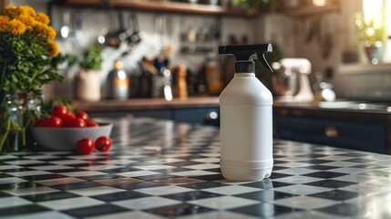 A white plastic bottle of disinfectant cleaner placed at the center of a neat office floor.