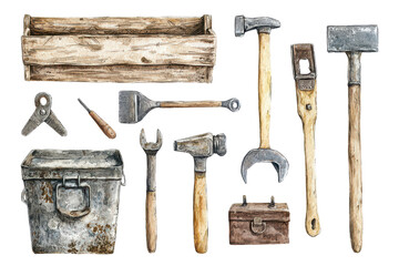 A collection of various vintage tools arranged neatly, showcasing their distinct shapes and materials.