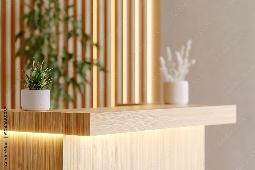Poster this modern reception desk features bamboo panels and soft warm lighting, creating an inviting atmos