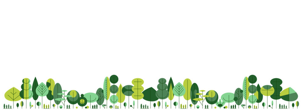 Natural horizontal light minimalistic background with row of geometric trees below for banner, poster, presentations, social media. Universal vector template