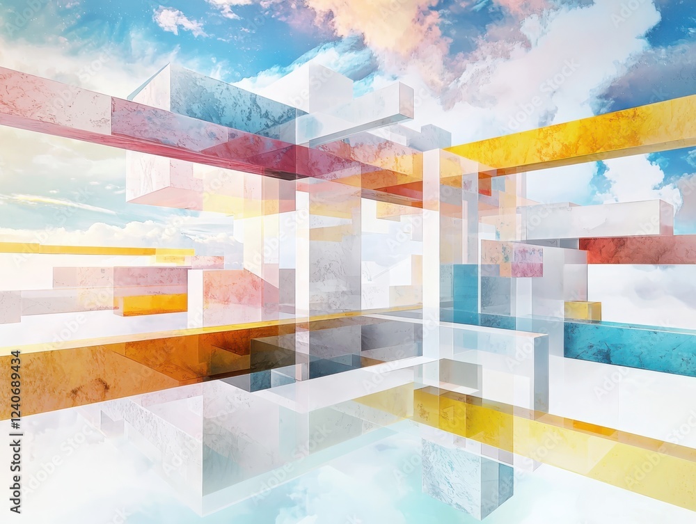 Poster creating an immersive digital landscape geometric shapes and vibrant colors in abstract art virtual 