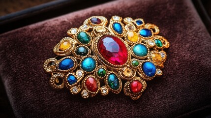 Ornate vintage ethnic brooch with intricate detailing set on a velvet jewelry box