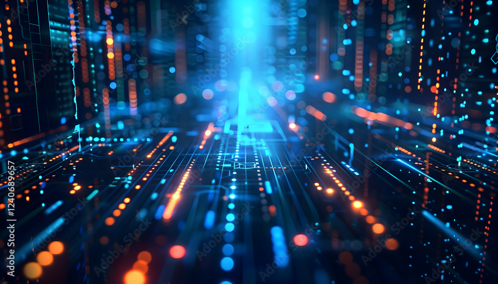 Poster abstract digital landscape with glowing lines and particles, representing data flow in a futuristic 