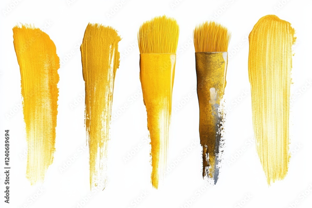 Poster Bright yellow paint strokes and brushes displayed for creative inspiration and artistic projects in an art studio setting