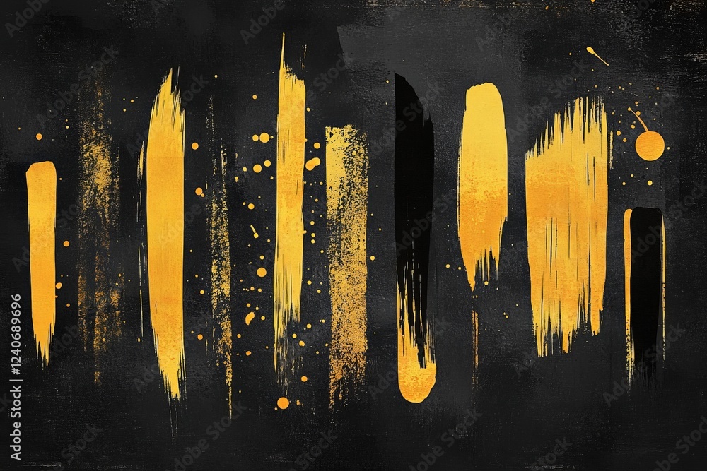 Poster bold yellow strokes and splatters create striking contrast against a black backdrop in modern artwor