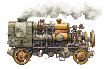 Fototapeta premium A vintage steam locomotive with intricate machinery and colorful detailing, emitting steam from its smokestack.