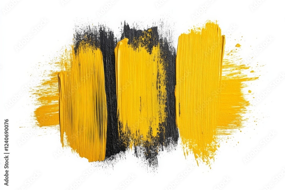 Poster abstract composition featuring bold yellow and black paint strokes on a white canvas