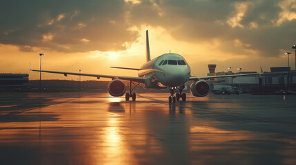 Airplane at Airport Terminal under Dramatic Gold Sunset Sky