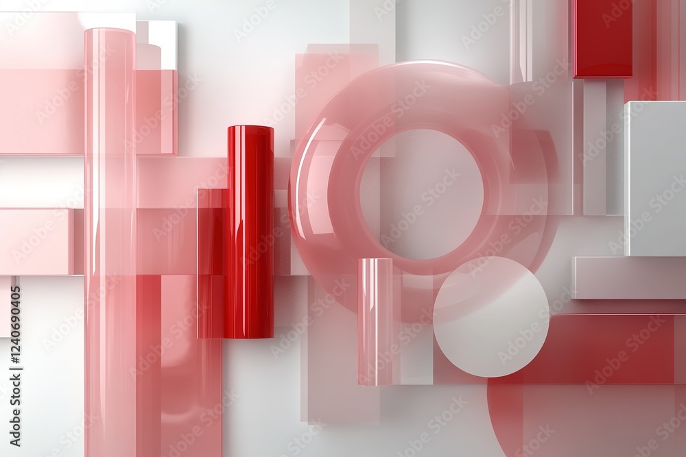 Poster dynamic composition showcases overlapping translucent shapes in varying red tones against a sleek ba